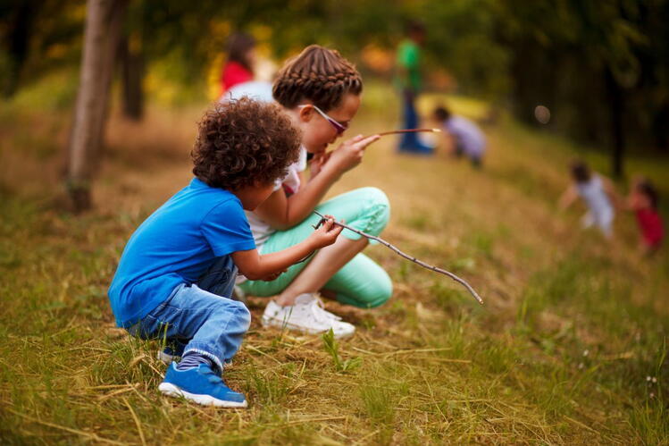 Two children crouch in a grassy space examining sticks. In the background, trees and other children are visible.