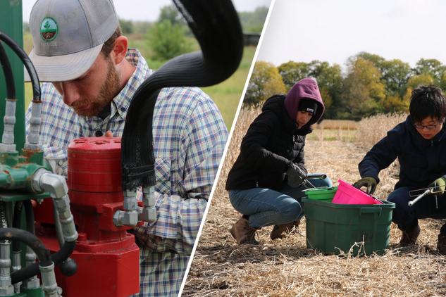 Split image. At left, Luke Bergschneider collects a deep soil core as part of the Illinois Centennial Soil Archive Project. At right, researchers collect samples from a soybean field as part of University of Illinois nutrient management research. Credit: Austin Keating/ASC