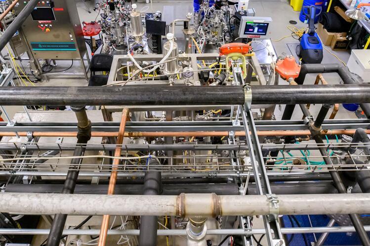  Top down view of IBRL’s fermentation row showing piping connecting utilities to each fermentation skid.