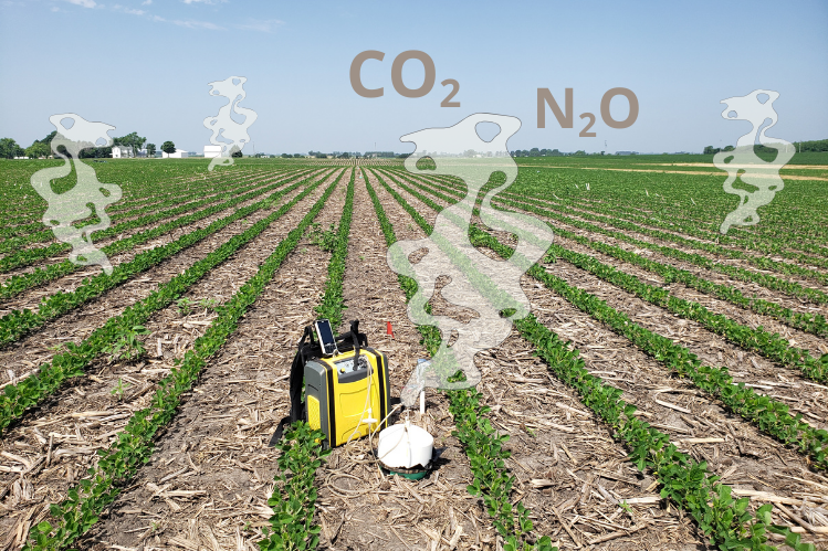 A field with rows of young soybean plants stretching into the distance. In the foreground, a small yellow gas analyzer machine sits between rows with a small white gas sampling chamber nearby. Illustrations of gas rising from the field appear at four spots in the field. CO2 and N2O are depicted near the horizon.