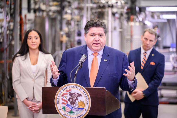 Governor JB Pritzker speaking at the Integrated Bioprocessing Research Laboratory