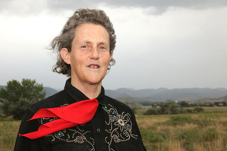 Grandin pictured outside in one of her iconic Western shirts. 