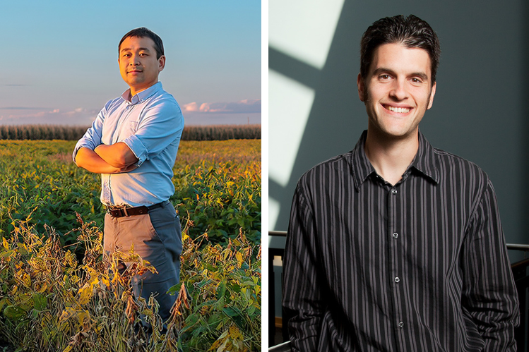 Two photos side-by-side of professor Kaiyu Guan standing in a field and a picture of Brian Ogolsky.