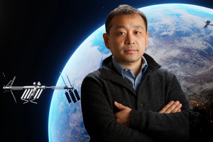 Kaiyu Guan Kaiyu Guan headshot superimposed over an image of Earth from space, with a satellite circling in the distance