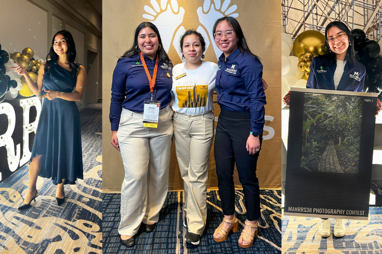 Image compilation with three panels. On the left, a young woman wearing a formal dress points at large letters spelling MANRRS; in the center, three young women stand together, smiling at the viewer. On the right, a young woman holds a poster showing her prizewinning photo.