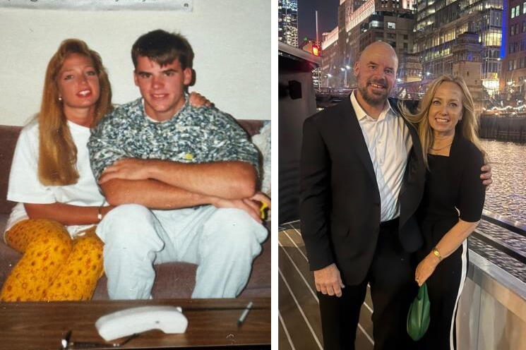 Side-by-side photos of Reneé and John Miller: on the left, they are young and casually dressed indoors; on the right, they are older, dressed formally, and standing outside by water at night