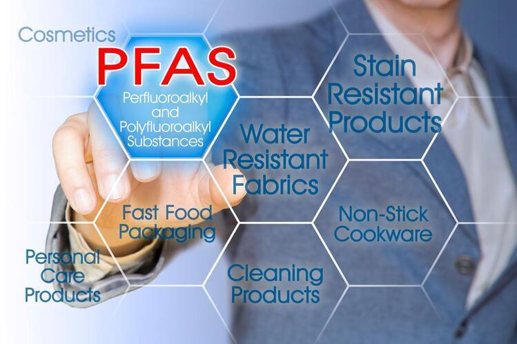 A person touching a screen with the words PFAS, water-resistant fabrics, cosmetics, fast food packaging, cleaning products, stain-resistant products, non-stick cookware, and personal care products.