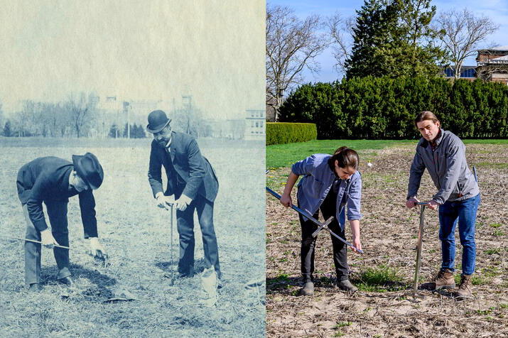 Side by side images. On the left, an historical photo of two men in suits and hats taking soil samples on the Morrow Plots. On the right, two people in modern dress in the same poses and location.