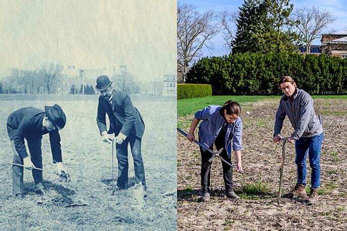 Side-by-side photos showing a pair of men in suits and hats taking soil samples in the early 1900s and a pair of modern scientists in the same pose and location in 2023