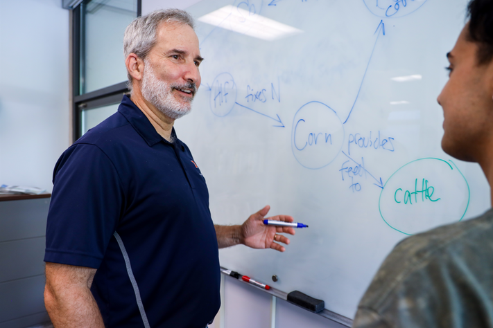 Professor Adam Davis works on an agroecosystem concept map with a student. A professor and student stand in front of a white board.