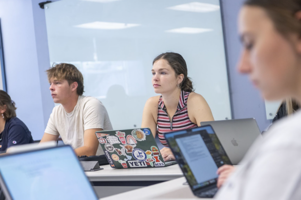 A group of Illinois students sitting at desks with laptops open, listening attentively during a class. 