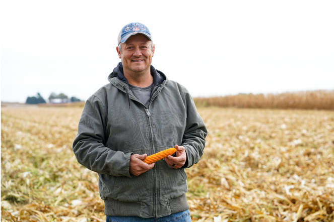 Darin Riggs stands in a cornfield holding an ear of Illini SuperPop™ brand popcorn.