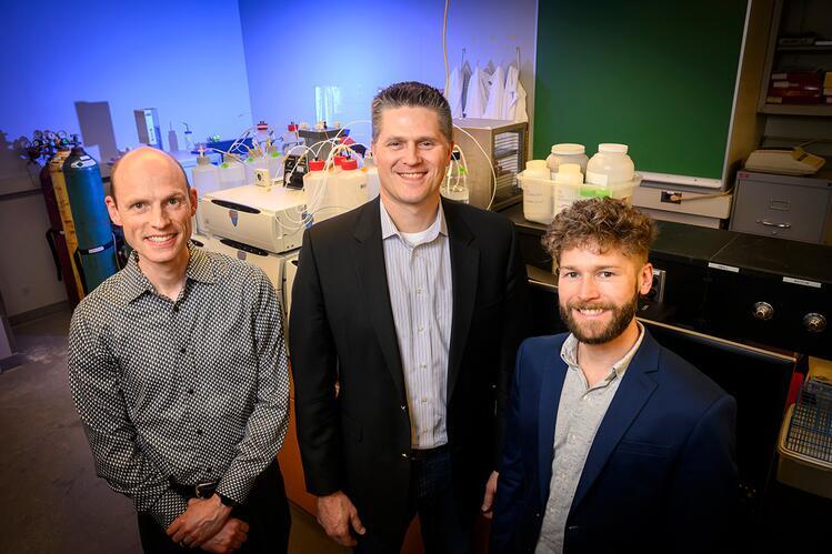 from left: molecular and integrative physiology professor Erik R. Nelson; Kelly Swanson, the director of the Division of Nutritional Sciences and the Kraft Heinz Endowed Professor in Human Nutrition; and animal sciences professor Brett R. Loman.