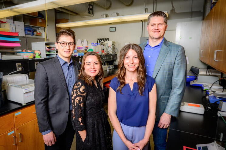The research team included, from left, alumnus Julio Mioto, animal sciences professor Patricia Oba, alumna Meredith Smola, and professor and director of the Division of Nutritional Sciences Kelly Swanson. The research team included, from left, alumnus Julio Mioto, animal sciences professor Patricia Oba, alumna Meredith Smola, and professor and director of the Division of Nutritional Sciences Kelly Swanson.