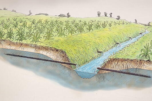 A schematic drawing of agricultural fields flanking a water-filled drainage ditch. Small underground pipes are shown draining into the ditch from the fields.