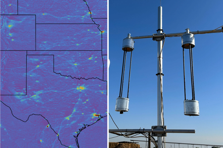 Left: a satellite-based NOx emission map (credit: Kang Sun). Right: fast-flux sensors (credit: Mark Zondlo).