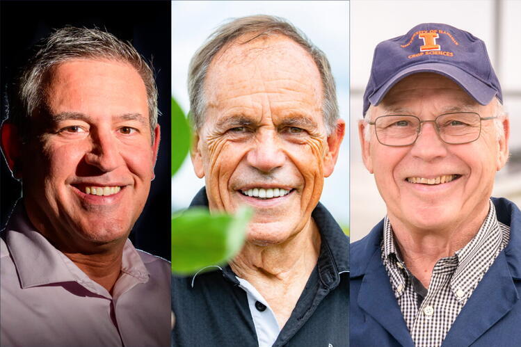 In a review in the journal Science, Illinois researchers, from left, Carl Bernacchi, Stephen Long and Donald Ort describe the many field- and laboratory-tested approaches to increasing crop resilience in a warming world. Photos by Fred Zwicky and Craig Pessman. Portraits of Carl Bernacchi, Stephen Long, and Donald Ort, all smiling and facing the camera.