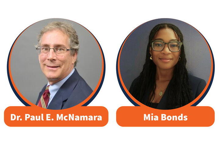 Two circular portrait photos side-by-side of Paul McNamara on the left and Mia Bonds on the right