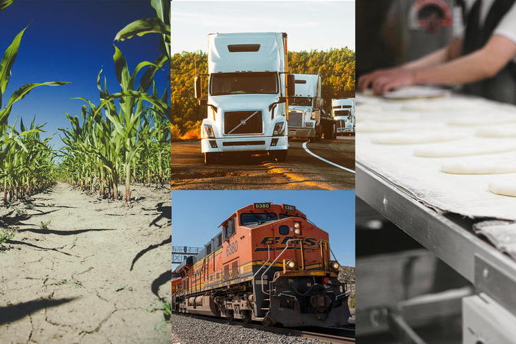 a composite illustration of a cornfield, trucks, railroad, and food manufacturing