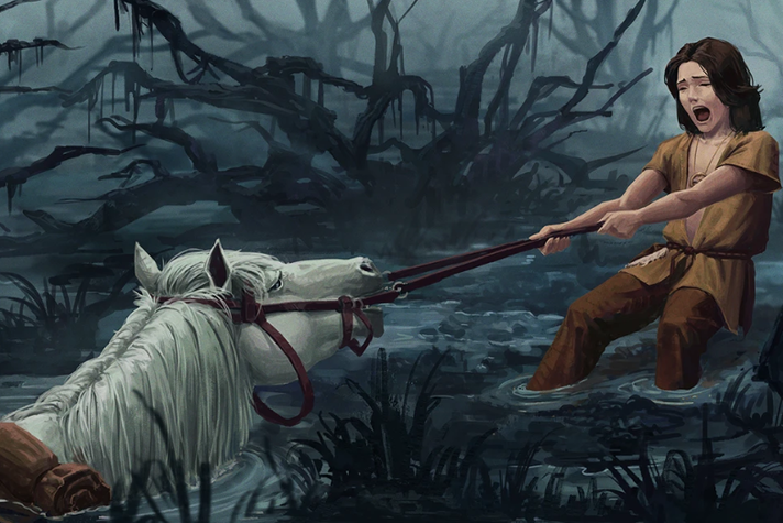 A person in a swamp is trying to pull a white horse out of the muck using ropes, surrounded by twisted trees.