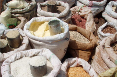 bags filled with grains for food distribution