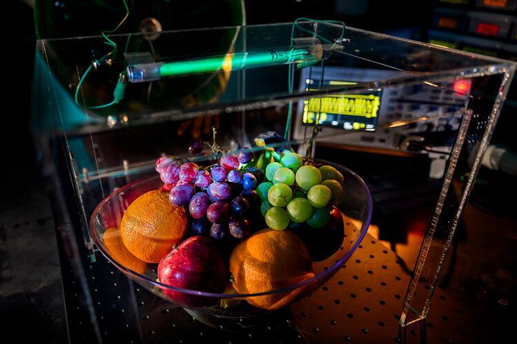 an acrylic box with a bowl of fruit inside and lab instruments in the background