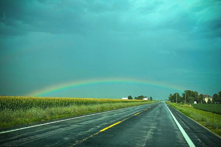 A road with crops growing on either side. A rainbow stretches across a cloudy sky above.