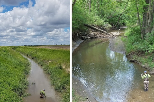 Side-by-side images. On the left, a person is standing in a brownish stream between green grassy streambanks. Clouds fill the sky. On the right, a person is standing in a clear stream with forest on both sides.