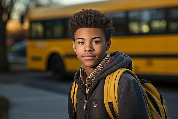 youth in front of school bus