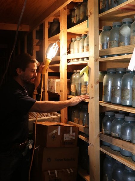 Andrew Margenot's soil discovery Andrew Margenot looking at barn shelves with soils in jars
