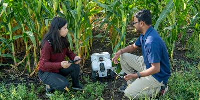 Students in crop field with robot.